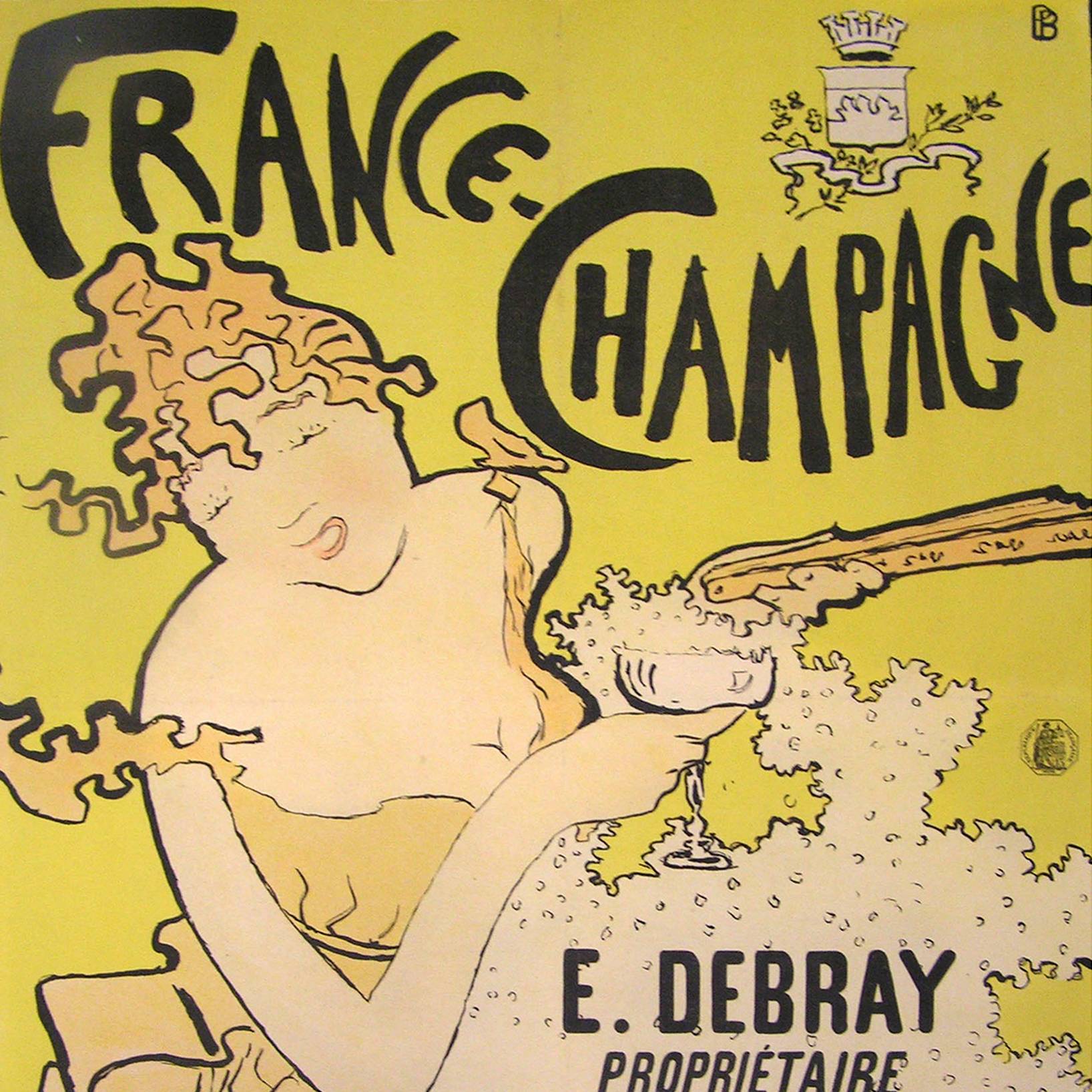 Woman with closed eyes holding fan and glass of champagne in front of yellow background and below text that reads "France Champagne"